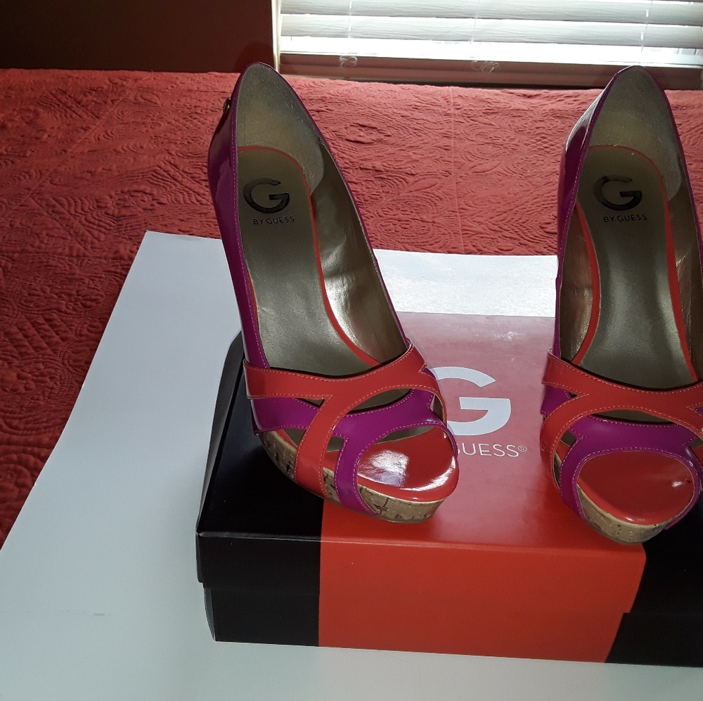 "Guess" High Heeled Cork Peep Toe Heels